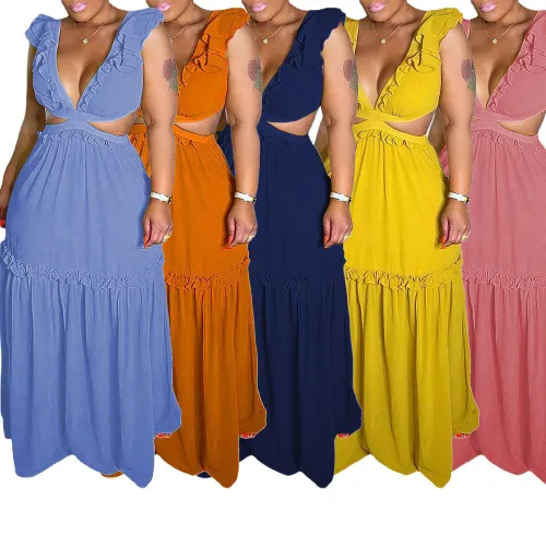 Women's wooden ear edge V-neck solid color dress