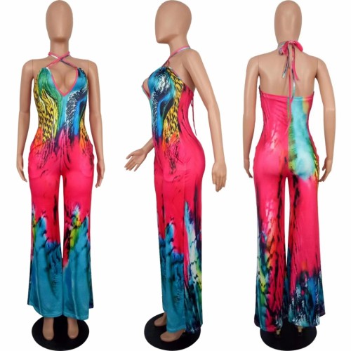 Sexy positioning printed drawstring jumpsuit