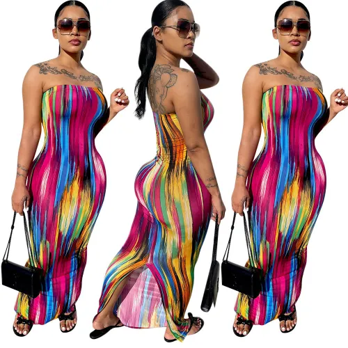 Sexy Off Shoulder Bra Stripe Printed Split Dress