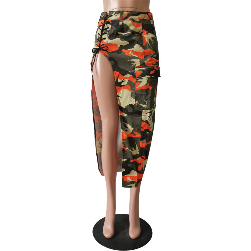 Women's fashion camouflage wash pocket with slit tassel eyelet strap skirt