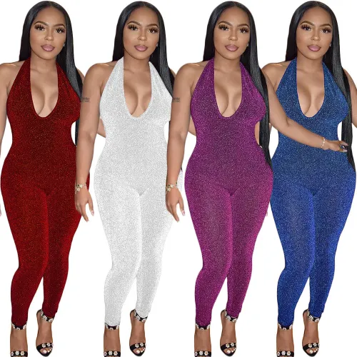 Fashionable and Sexy Silver Silk Elastic Sleeveless Hanging Neck jumpsuit
