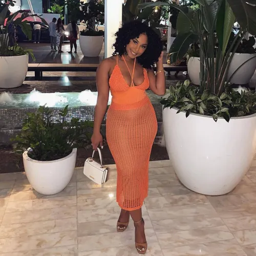 Women's fashion and sexy suspender with bare back one piece top and hollowed out knitted skirt set