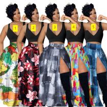 Women's casual printed zipper split elastic waist skirt with multiple colors