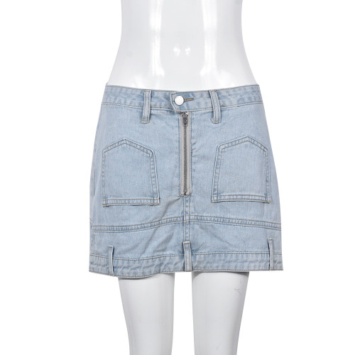 Women's double waisted denim skirt with zipper, washed and worn half skirt