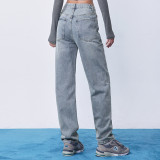 Women's Jeans V-Waist Straight Barrel Irregular Diagonal Button Design Jeans