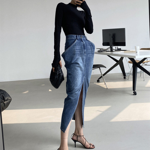 Personalized Street High Waist Long Inverted Triangle Front Split Design Washed Classic Denim Skirt