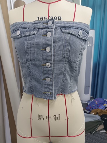 Chest wrapped denim tight corset style short top vest