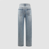 Women's Jeans V-Waist Straight Barrel Irregular Diagonal Button Design Jeans
