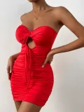 Bra tie up dress sexy hollow neck open back wrinkled wrap buttocks short skirt for women
