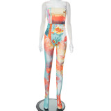 Tight printed wrap chest jumpsuit, long pants, casual set