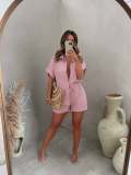 Fashion Casual Set Solid Classic Single breasted One Sleeve Shirt Elastic Waist Shorts Two Piece Set