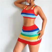 Sexy Hollow Knitted High Waist Contrast Skirt Set