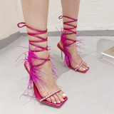 Women's shoes feather rhinestone square head crystal high heel strap sandals