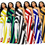 Fashion diagonal shoulder striped shirt dress long dress for women