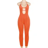 Women's sleeveless lace up low neck slim fitting high waist sports jumpsuit