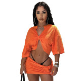 Solid sexy quarter sleeved twisted top short skirt casual set
