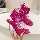 Women's shoes feather rhinestone square head crystal high heel strap sandals