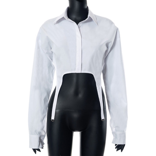 Casual solid color lapel button button open navel shirt slim fitting long sleeved top