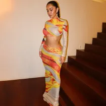 Sexy mesh printed perspective navel exposed long sleeved top long skirt set
