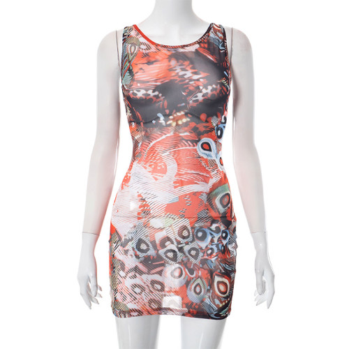 Sexy Perspective Mesh Printed Sleeveless Slim Fit Slim Strap Short Dress