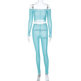 Long sleeved straight neck sexy mesh perspective slim fitting pants fashion set