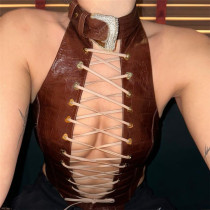 Women's crocodile patterned imitation leather slim fitting hollow open back strap short tank top