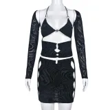 Chest wrapped, hollowed out, navel exposed, and neck hanging sexy hot girl three piece set