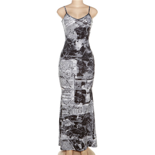Fashionable and Personalized Newspaper Print Strap Open Back Spicy Girl Slim Fit and Slim Dress
