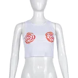 Round neck floral print with exposed navel sexy spicy girl vest