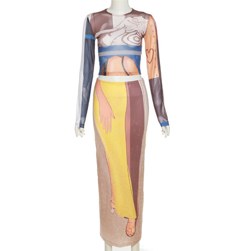 Fashionable 3D mesh printed round neck long sleeved slim fitting long skirt set