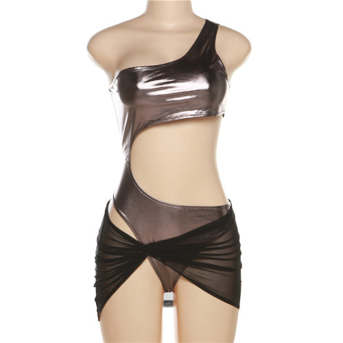 Onepiece personalized reflective fashion diagonal shoulder slim fitting short skirt set