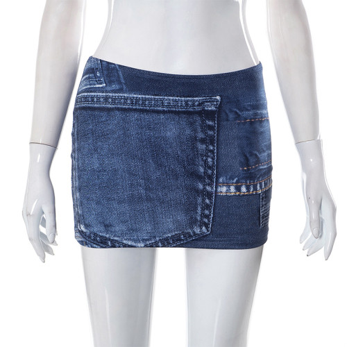 Personalized street denim printed short skirt with exposed navel and covered buttocks skirt