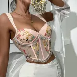 Embroidered lace and wooden ear edge sexy V-neck wide shoulder strap fishbone bra