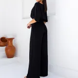 Fashion casual set, round neck, short sleeved top, lace up, high waisted pants, two-piece set