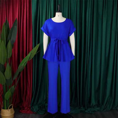 Solid color strapping top, high waisted wide leg pants, fashionable casual set