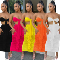 Fashion Solid Color Women's Chest Wrapping Pleated Ribbon Sleeveless Long Dress Two Piece Set