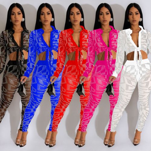 Fashion women's solid color mesh hot diamond long sleeved pants two-piece set