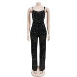 Fashion women's hot diamond mesh suspender sleeveless long pants jumpsuit