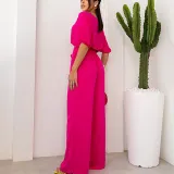 Fashion casual set, round neck, short sleeved top, lace up, high waisted pants, two-piece set