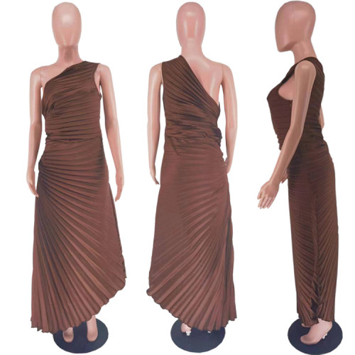 Fashion One Shoulder Sun Pleated Satin Dress