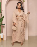 Women's casual knitted hollow out long sleeved skirt set