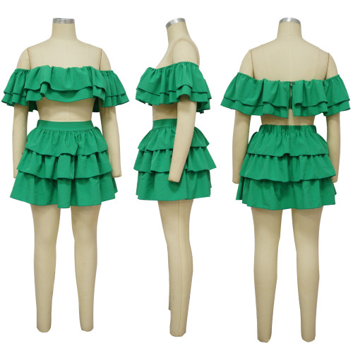 Off shoulder one line collar ruffled skirt set