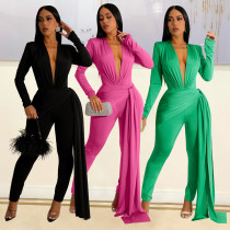 Women's fashion sexy tight V-neck long sleeved jumpsuit