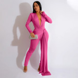 Women's fashion sexy tight V-neck long sleeved jumpsuit