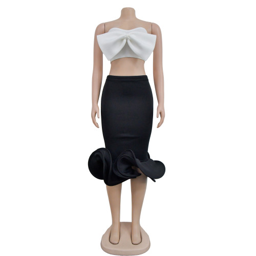 Women's sleeveless bra bow wrap hip skirt two-piece set