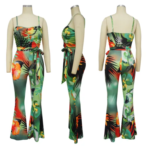 Strap printed sexy backless Bell-bottoms jumpsuit