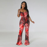 Strap printed sexy backless Bell-bottoms jumpsuit