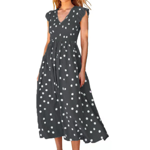 V-neck waistband large skirt with polka dot print dress for women