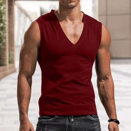 Men's Solid V-Neck Tank Top Casual Breathable Sleeveless T-shirt Vest