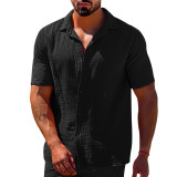 Summer casual lapel solid color short sleeved button men's linen shirt men's clothing